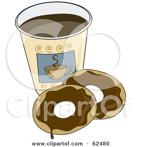 Royalty-Free (RF) Clipart Illustration of Two Chocolate Donuts By A Cup Of Coffee by Pams Clipart