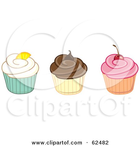 Royalty-Free (RF) Clipart Illustration of a Row Of Vanilla, Chocolate And Strawberry Cupcakes by Pams Clipart