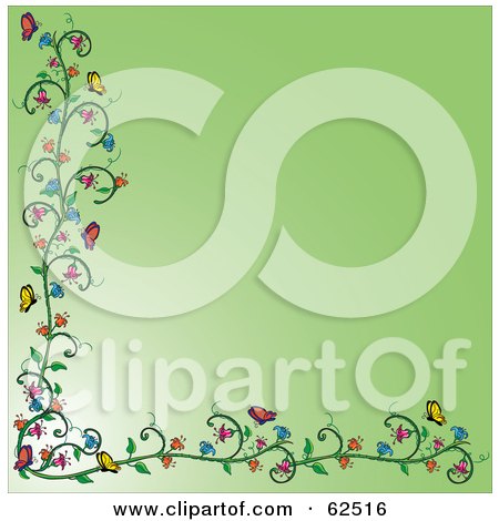 Royalty-Free (RF) Clipart Illustration of a Flowering Vine And Butterfly Border Over Green by Pams Clipart