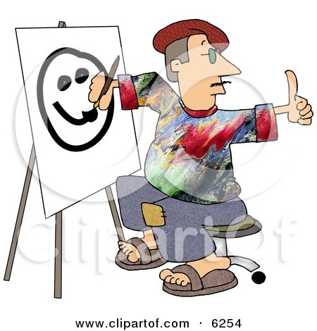 Male Painter Artist Giving the Thumbs Up While Painting a Smiley Face on Canvas Clipart Picture by djart