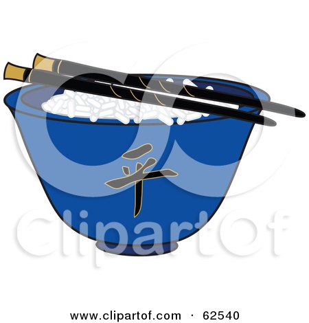 Royalty-Free (RF) Clipart Illustration of a Pair Of Chopsticks Over Rice In A Blue Chinese Bowl by Pams Clipart
