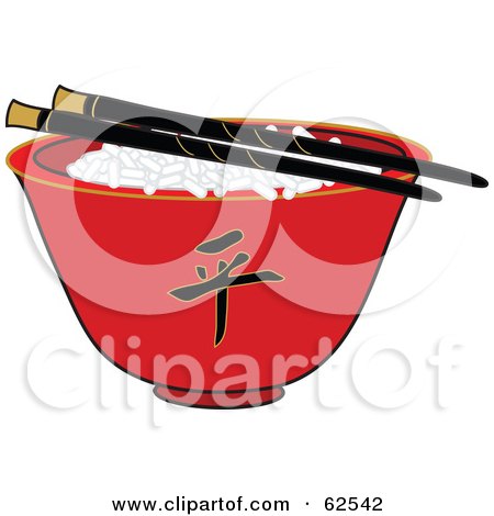Royalty-Free (RF) Clipart Illustration of a Pair Of Chopsticks Over Rice In A Red Chinese Bowl by Pams Clipart