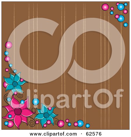 Royalty-Free (RF) Clipart Illustration of a Brown Background With Lines, Bubbles And Pink And Blue Flowers by Pams Clipart