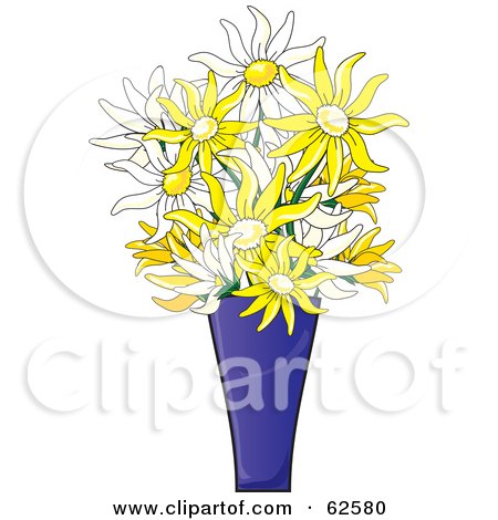 Royalty-Free (RF) Clipart Illustration of a Blue Vase Of White And Yellow Daisy Flowers by Pams Clipart
