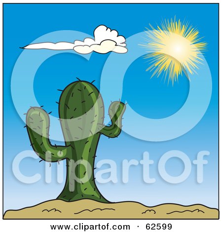 Royalty-Free (RF) Clipart Illustration of a Bright Sun Shining Down On A Green Cactus Against A Blue Sky by Pams Clipart