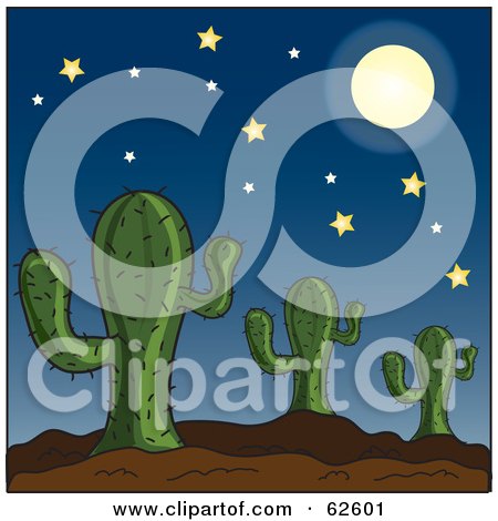 Royalty-Free (RF) Clipart Illustration of a Full Moon And Stars Over A Cactus Desert by Pams Clipart