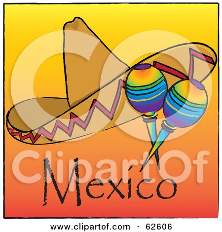 Royalty-Free (RF) Clipart Illustration of a Sombrero With Rainbow Colored Maracas On An Orange Mexico Background by Pams Clipart