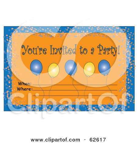 Royalty-Free (RF) Clipart Illustration of an Orange You're Invited To A Party Invitation With Balloons And Confetti by Pams Clipart