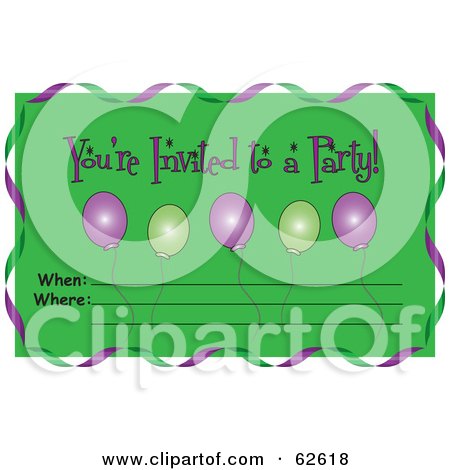 Royalty-Free (RF) Clipart Illustration of a Green You're Invited To A Party Invitation With Balloons And Streamers by Pams Clipart