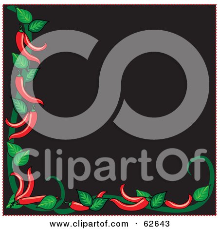 Royalty-Free (RF) Clipart Illustration of a Black Background Bordered White Red Chili Peppers And Green Leaves by Pams Clipart