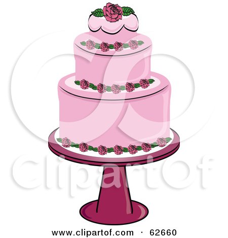 Royalty-Free (RF) Clipart Illustration of a Fancy Three Tiered Pink Rose Wedding Cake by Pams Clipart