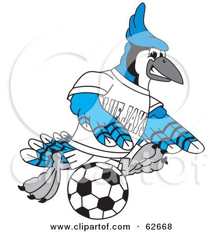 Royalty-Free (RF) Clipart Illustration of a Blue Jay Character School Mascot Playing Soccer by Toons4Biz