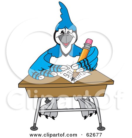 Royalty-Free (RF) Clipart Illustration of a Blue Jay Character School Mascot Doing Homework at a Desk by Toons4Biz
