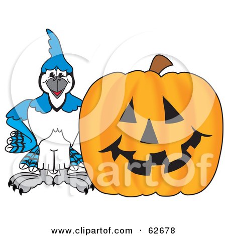 Royalty-Free (RF) Clipart Illustration of a Blue Jay Character School Mascot With a Halloween Pumpkin by Toons4Biz