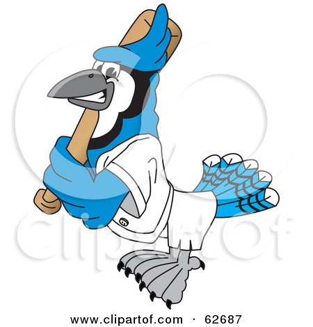 Royalty-Free (RF) Clipart Illustration of a Blue Jay Character School Mascot Batting by Toons4Biz