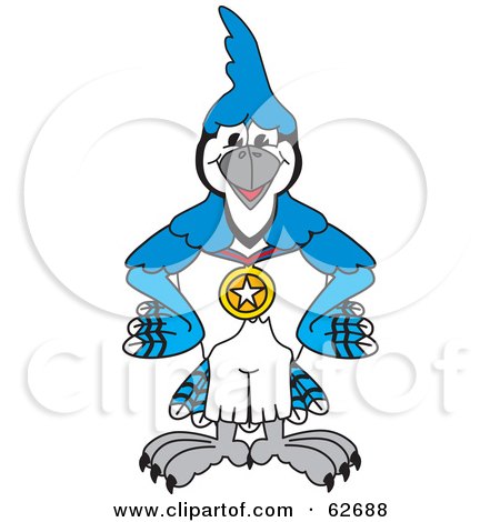 Royalty-Free (RF) Clipart Illustration of a Blue Jay Character School Mascot Wearing a Medal by Toons4Biz