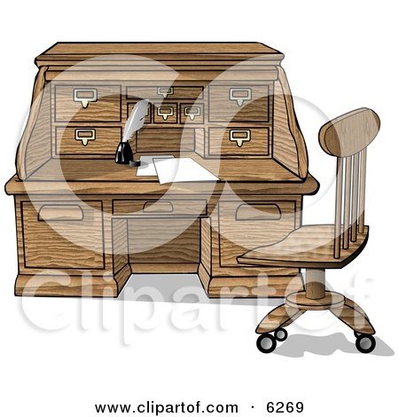 Wooden Roll Top Desk With Papers and Ink Clipart Picture by djart
