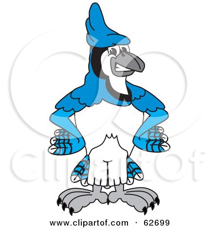 Royalty-Free (RF) Clipart Illustration of a Blue Jay Character School Mascot With His Hands on His Hips by Toons4Biz