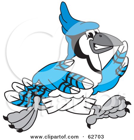 Royalty-Free (RF) Clipart Illustration of a Blue Jay Character School Mascot Running by Toons4Biz