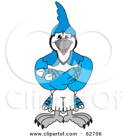 Royalty-Free (RF) Clipart Illustration of a Blue Jay Character School Mascot With His Arms Crossed by Toons4Biz