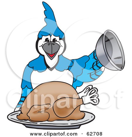 Royalty-Free (RF) Clipart Illustration of a Blue Jay Character School Mascot Serving a Thanksgiving Turkey by Toons4Biz