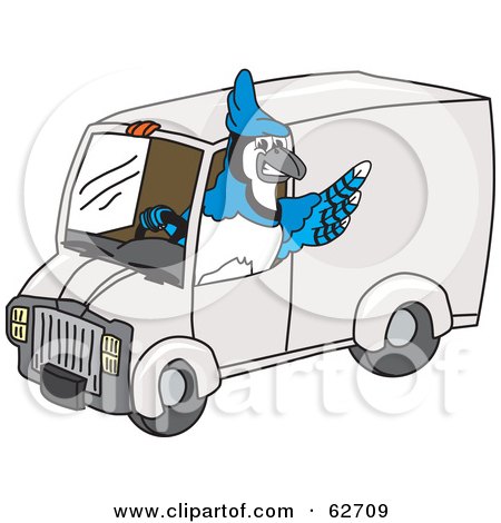 Royalty-Free (RF) Clipart Illustration of a Blue Jay Character School Mascot Driving a Delivery Van by Toons4Biz