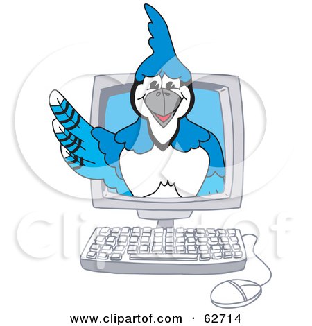 Royalty-Free (RF) Clipart Illustration of a Blue Jay Character School Mascot in a Computer by Toons4Biz