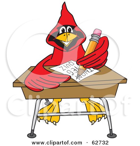 Royalty-Free (RF) Clipart Illustration of a Red Cardinal Character School Mascot Doing Homework at a Desk by Mascot Junction
