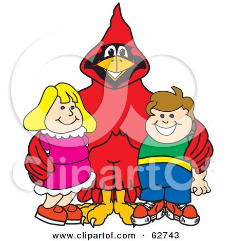 Royalty-Free (RF) Clipart Illustration of a Red Cardinal Character School Mascot With Students by Toons4Biz