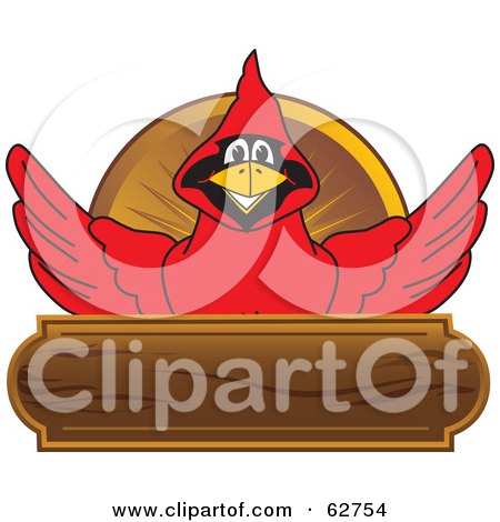 Royalty-Free (RF) Clipart Illustration of a Red Cardinal Character School Mascot Wood Plaque Logo by Mascot Junction
