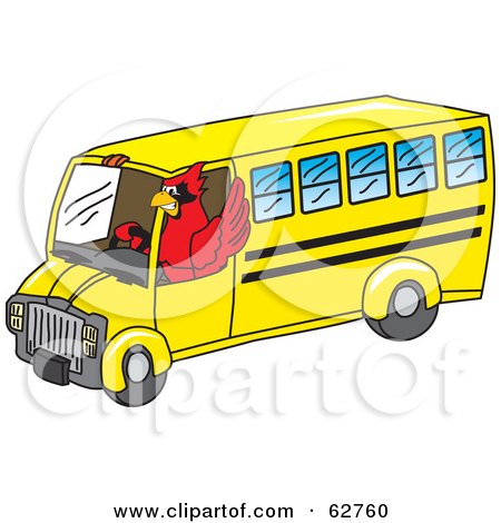 Royalty-Free (RF) Clipart Illustration of a Red Cardinal Character School Mascot Driving a Bus by Mascot Junction