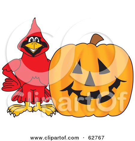 Royalty-Free (RF) Clipart Illustration of a Red Cardinal Character School Mascot With a Halloween Pumpkin by Mascot Junction