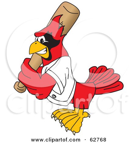 Royalty-Free (RF) Clipart Illustration of a Red Cardinal Character School Mascot Batting by Mascot Junction