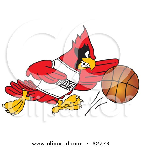 Royalty-Free (RF) Clipart Illustration of a Red Cardinal Character School Mascot Dribbling a Basketball by Mascot Junction