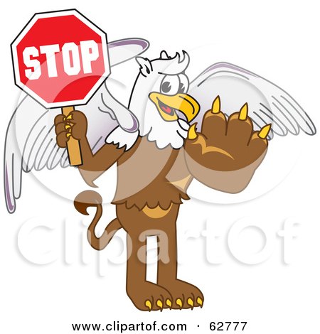 Royalty-Free (RF) Clipart Illustration of a Griffin Character School Mascot Holding a Stop Sign by Mascot Junction
