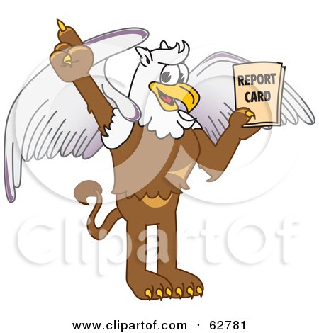 Royalty-Free (RF) Clipart Illustration of a Griffin Character School Mascot Holding a Report Card by Mascot Junction