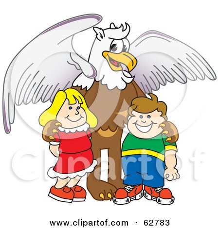 Royalty-Free (RF) Clipart Illustration of a Griffin Character School Mascot With Students by Mascot Junction