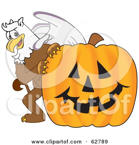 Royalty-Free (RF) Clipart Illustration of a Griffin Character School Mascot With a Halloween Pumpkin by Mascot Junction