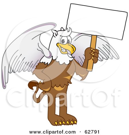 Royalty-Free (RF) Clipart Illustration of a Griffin Character School Mascot Holding a White Sign by Mascot Junction