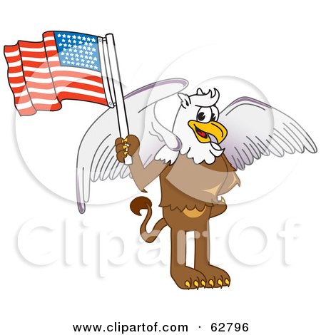 Royalty-Free (RF) Clipart Illustration of a Griffin Character School Mascot Holding an American Flag by Mascot Junction
