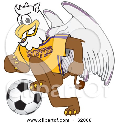 Royalty-Free (RF) Clipart Illustration of a Griffin Character School Mascot Playing Soccer by Toons4Biz