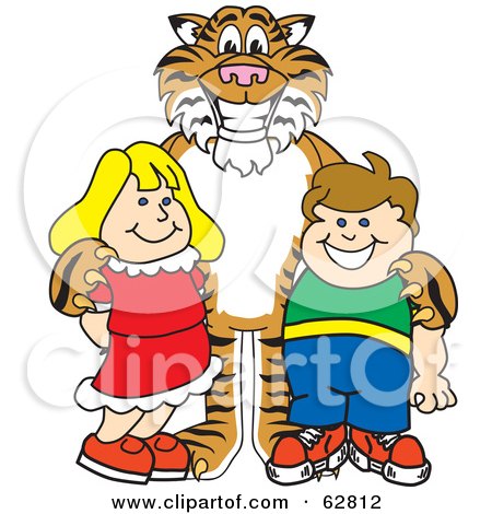 Royalty-Free (RF) Clipart Illustration of a Tiger Character School Mascot With Students by Mascot Junction