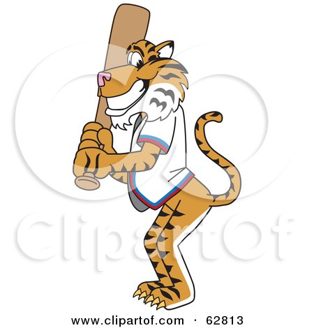 Royalty-Free (RF) Clipart Illustration of a Tiger Character School Mascot Batting by Mascot Junction