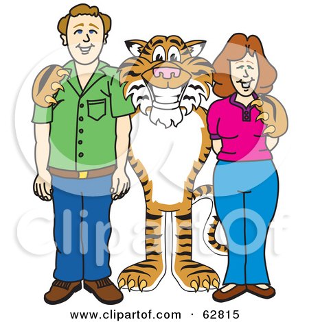 Royalty-Free (RF) Clipart Illustration of a Tiger Character School Mascot With Teachers or Parents by Mascot Junction