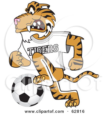 Royalty-Free (RF) Clipart Illustration of a Tiger Character School Mascot Playing Soccer by Mascot Junction