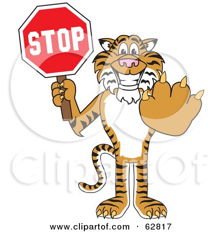 Royalty-Free (RF) Clipart Illustration of a Tiger Character School Mascot Holding a Stop Sign by Mascot Junction