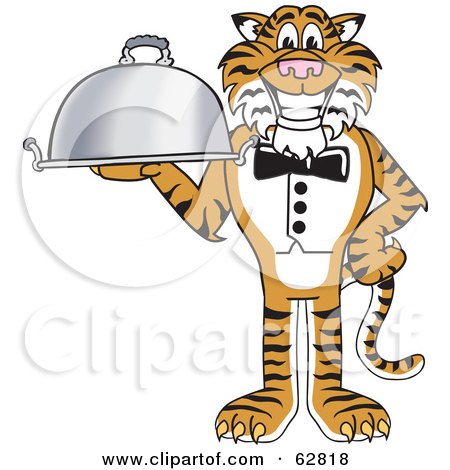 Royalty-Free (RF) Clipart Illustration of a Tiger Character School Mascot Serving Food by Mascot Junction