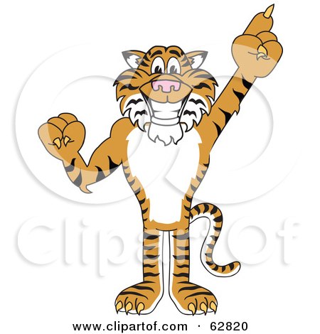 Royalty-Free (RF) Clipart Illustration of a Tiger Character School Mascot Pointing Up by Mascot Junction