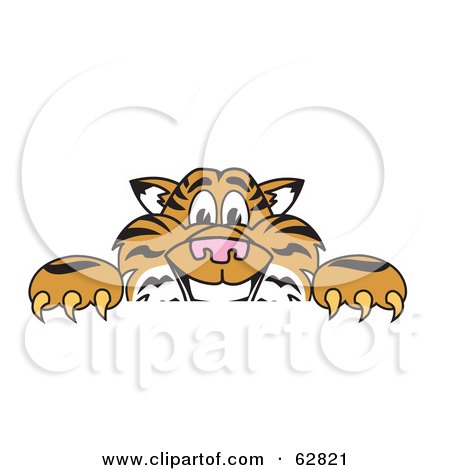 Royalty-Free (RF) Clipart Illustration of a Tiger Character School Mascot Behind a Blank Sign by Mascot Junction