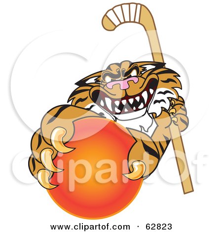Royalty-Free (RF) Clipart Illustration of a Tiger Character School Mascot Grabbing a Field Hockey Ball by Mascot Junction